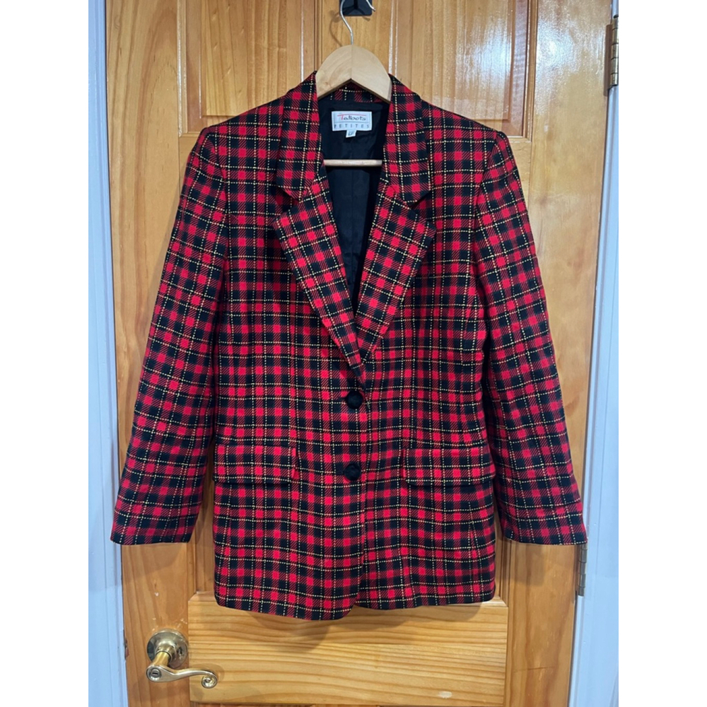 Vintage Talbots Red Tartan Plaid Wool Holiday Double Breasted Blazer USA Made